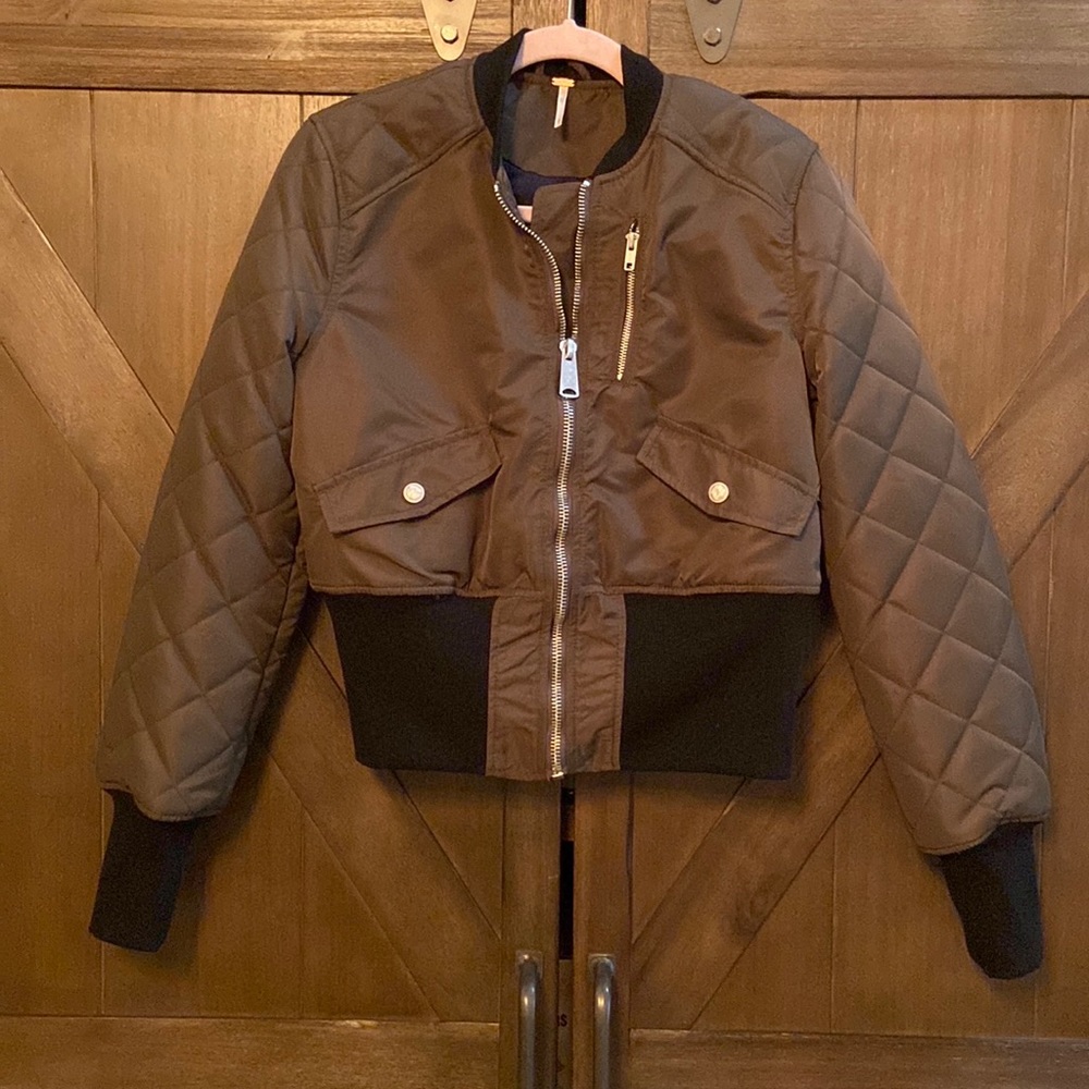 Free People Cropped Quilted Military Bomber Jacket